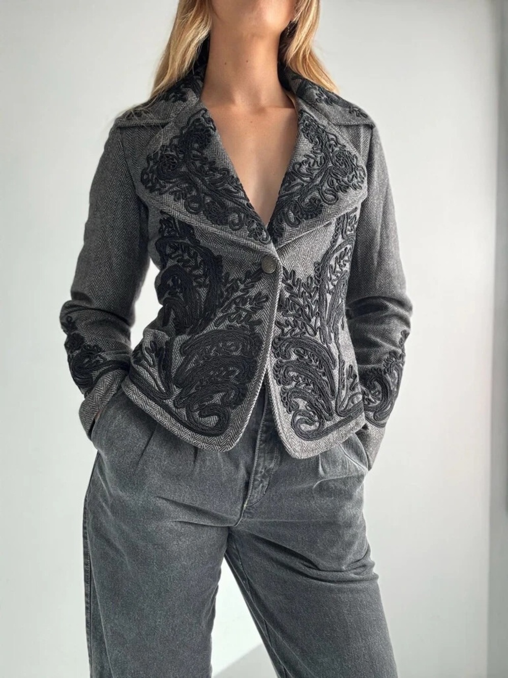 Soft Surroundings Gray Embroidered Tailored Wool Blend Blazer Size M